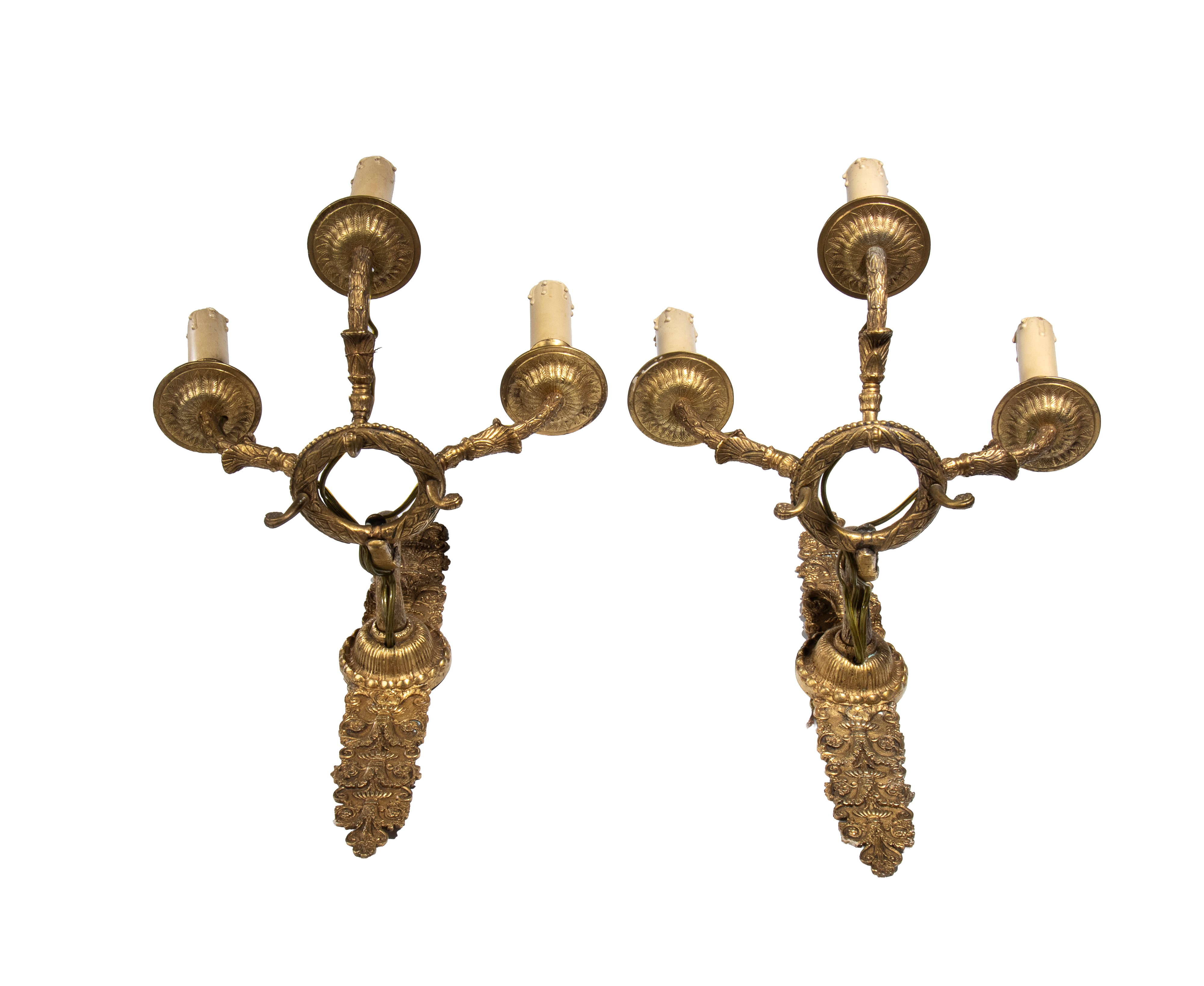 Coppia di applique, bronzo a tre bracci con colli di cigno, XIX secolo