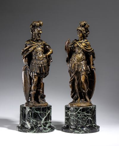 Francia, fine XIX secolo-inizio XX secolo, Coppia di sculture in bronzo raffiguranti divinità cla...