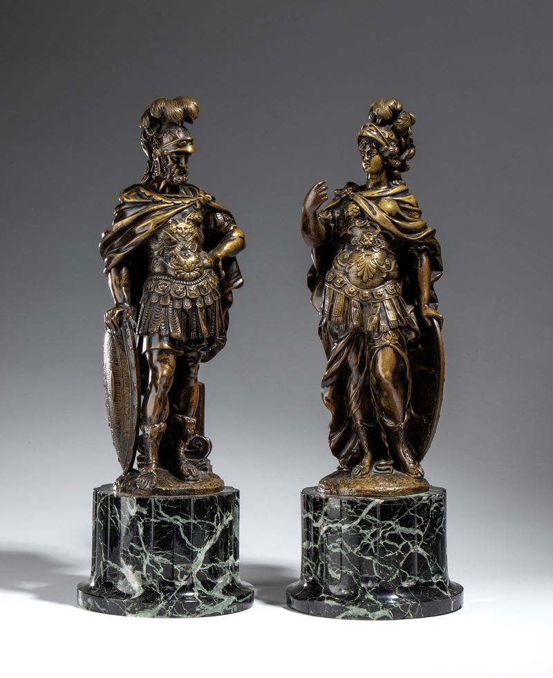 Francia, fine XIX secolo-inizio XX secolo, Coppia di sculture in bronzo raffiguranti divinità cla...