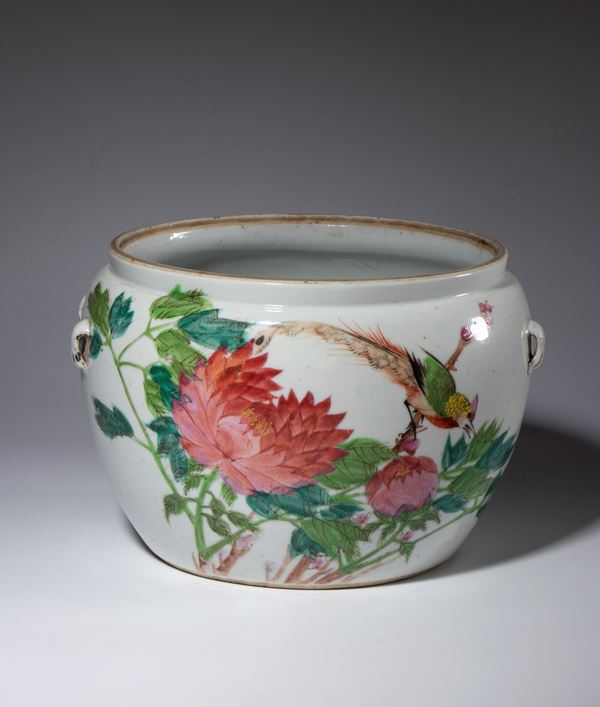 A four-handled porcelain container painted with a large peony flower and a pheasant. Calligraphy on the back. China, Republic period (1912–1949).