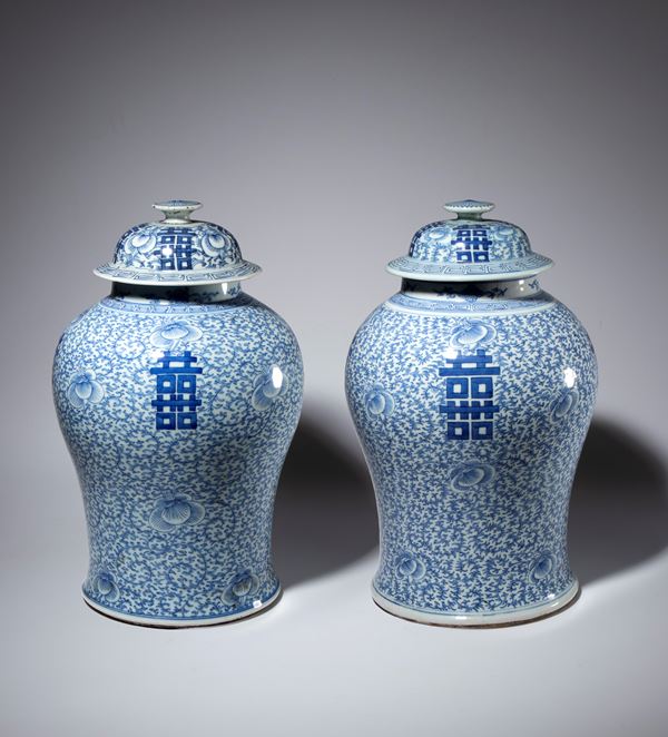 A pair of large blue-painted potiches with lids. China, Republic period (1912-1949).