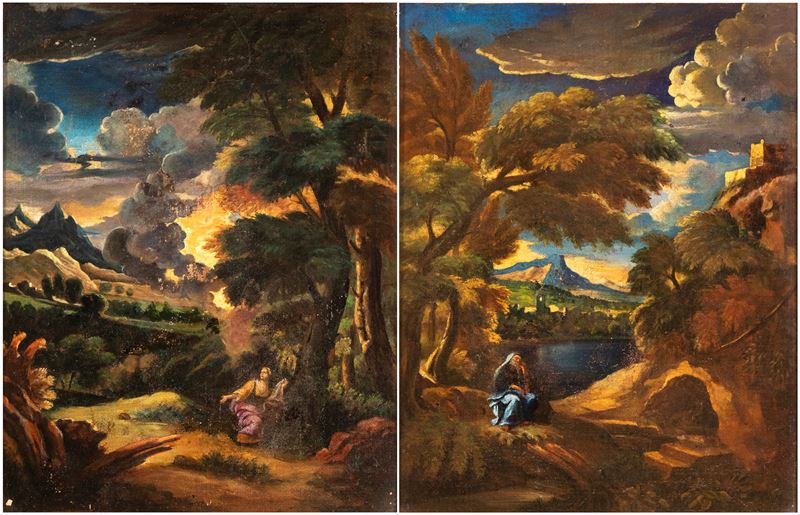 a) Paesaggio con figura maschile in posa malinconica; b) Paesaggio con figura femminile. Coppia d...