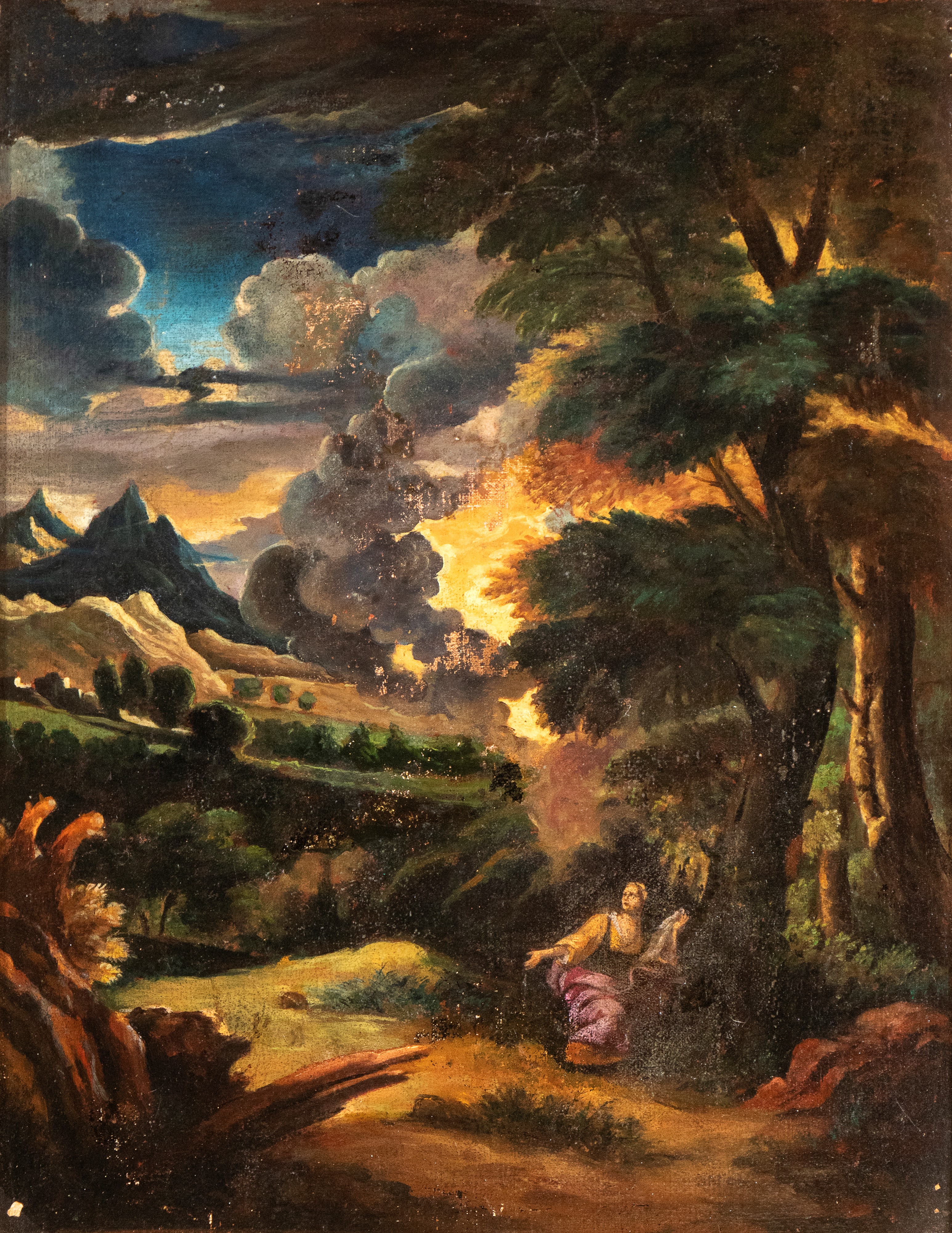 a) Paesaggio con figura maschile in posa malinconica; b) Paesaggio con figura femminile. Coppia d...