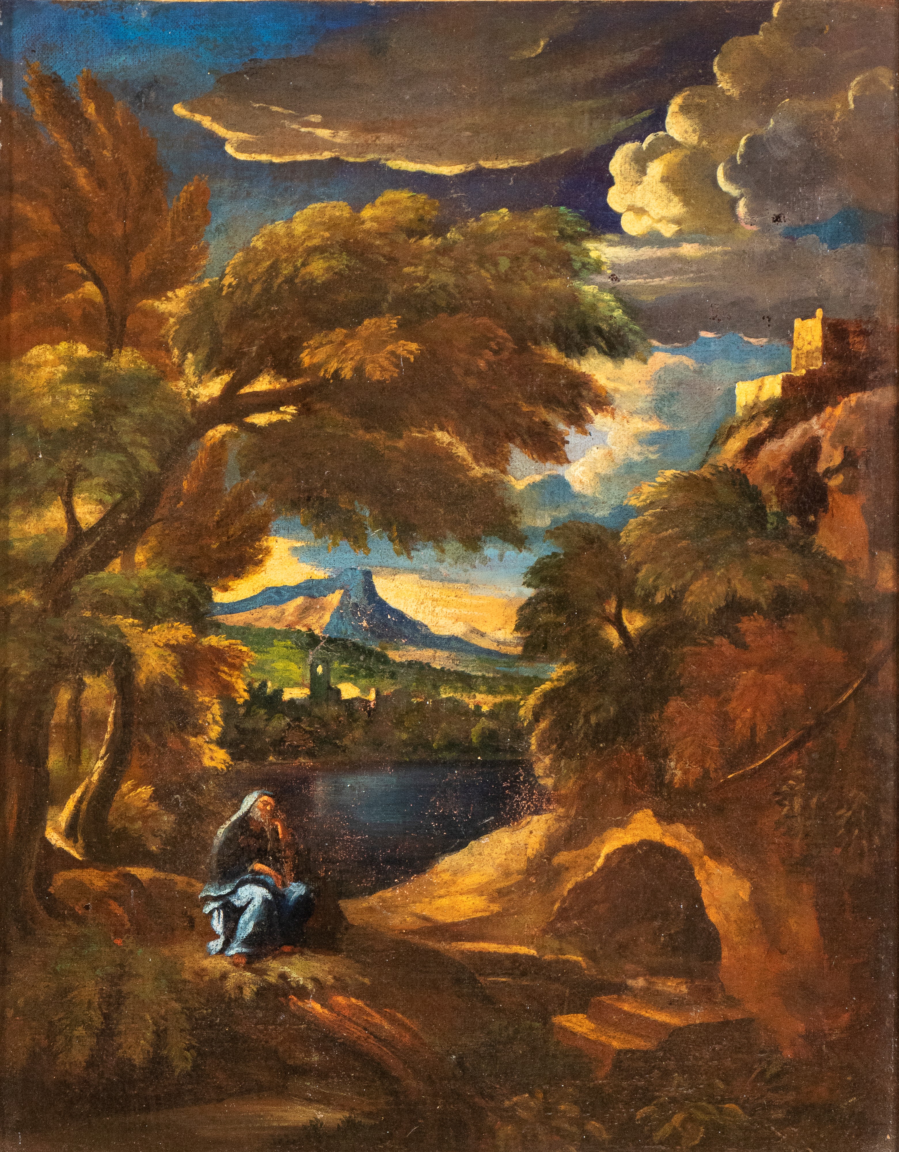 a) Paesaggio con figura maschile in posa malinconica; b) Paesaggio con figura femminile. Coppia d...