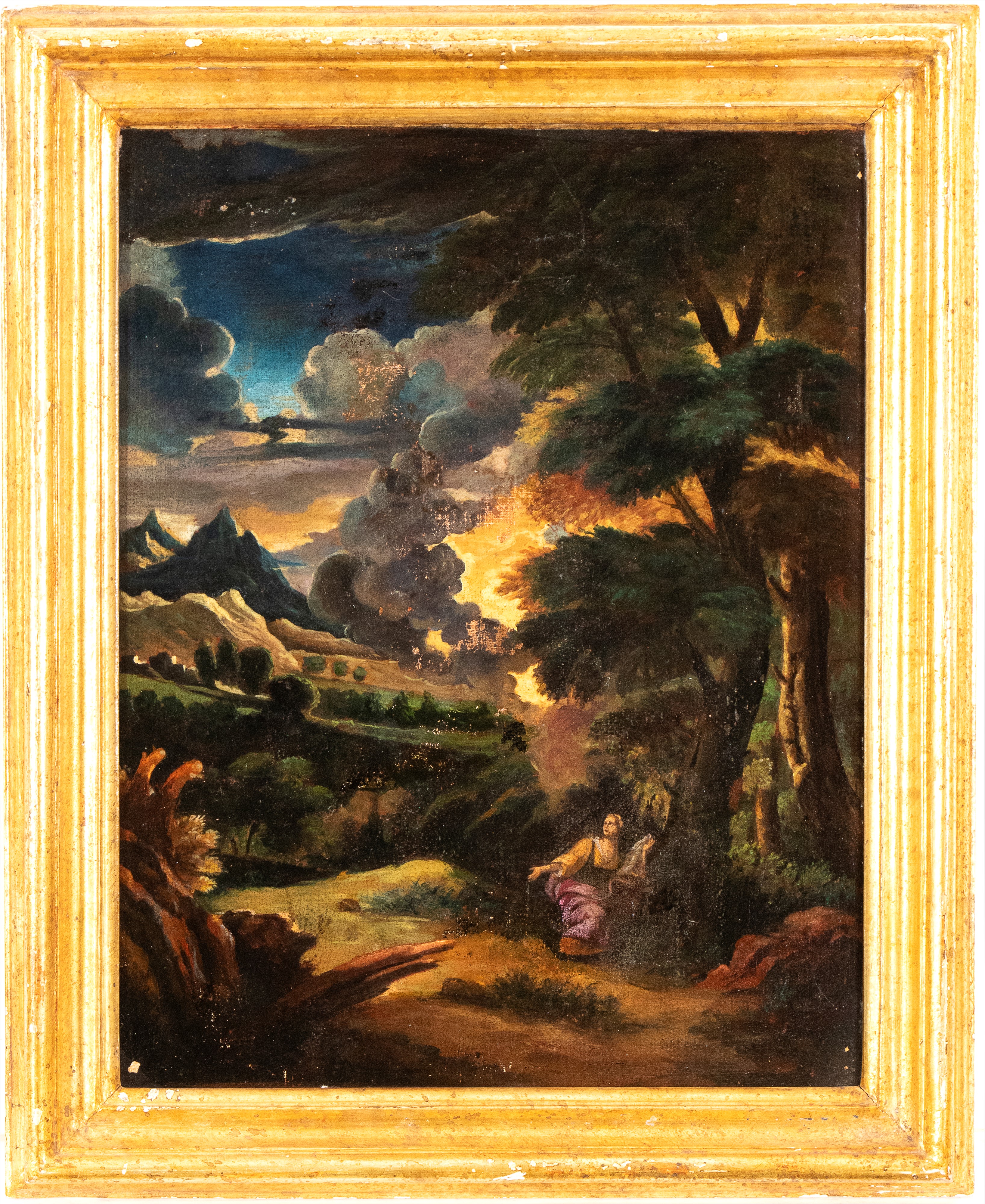 a) Paesaggio con figura maschile in posa malinconica; b) Paesaggio con figura femminile. Coppia d...
