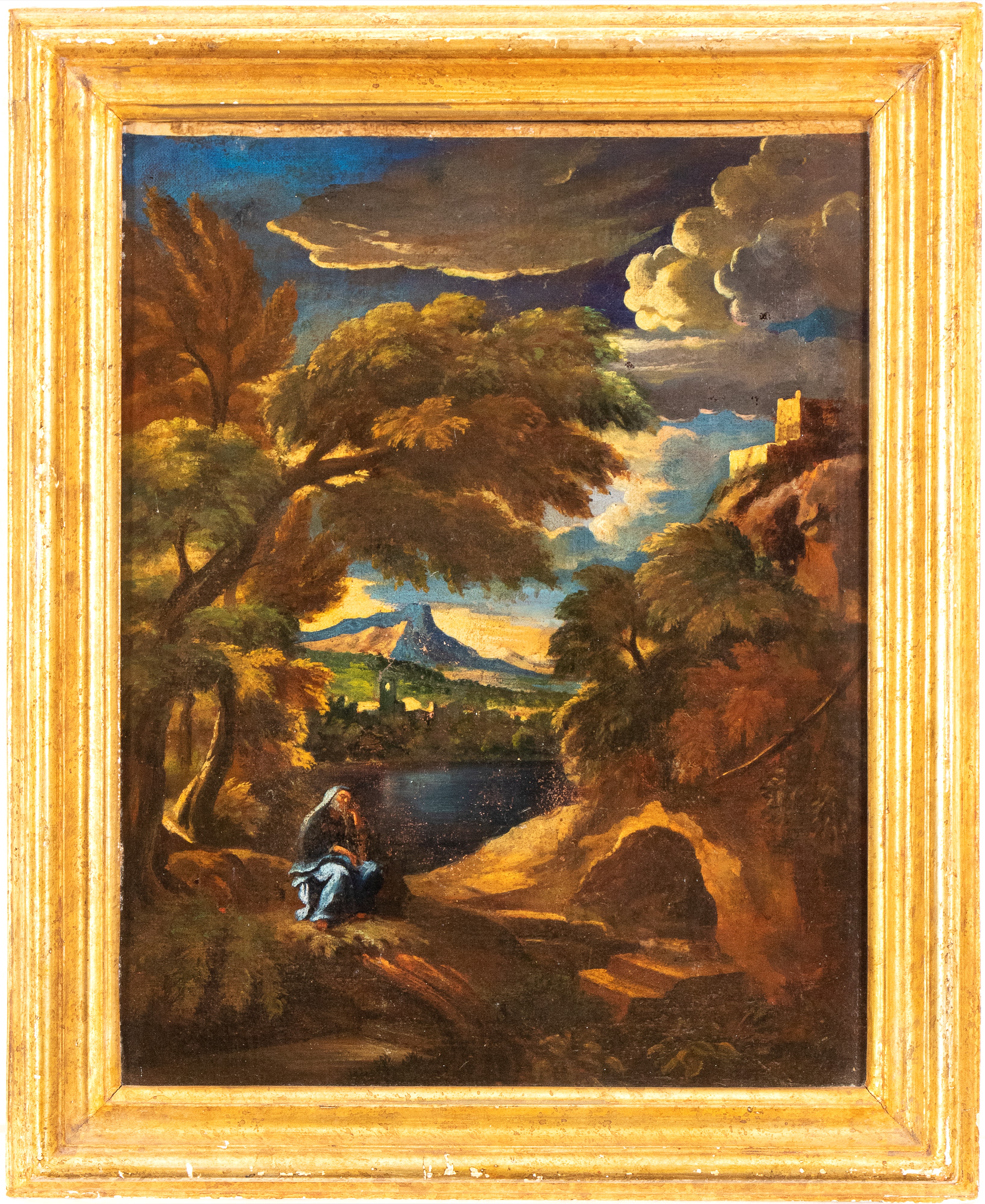 a) Paesaggio con figura maschile in posa malinconica; b) Paesaggio con figura femminile. Coppia d...