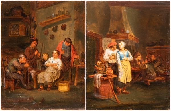 Gillis  van Tilborgh - a) Tavern Interior with Hostess and Patrons; b) Tavern Interior with Musicians. A pair of paintings
