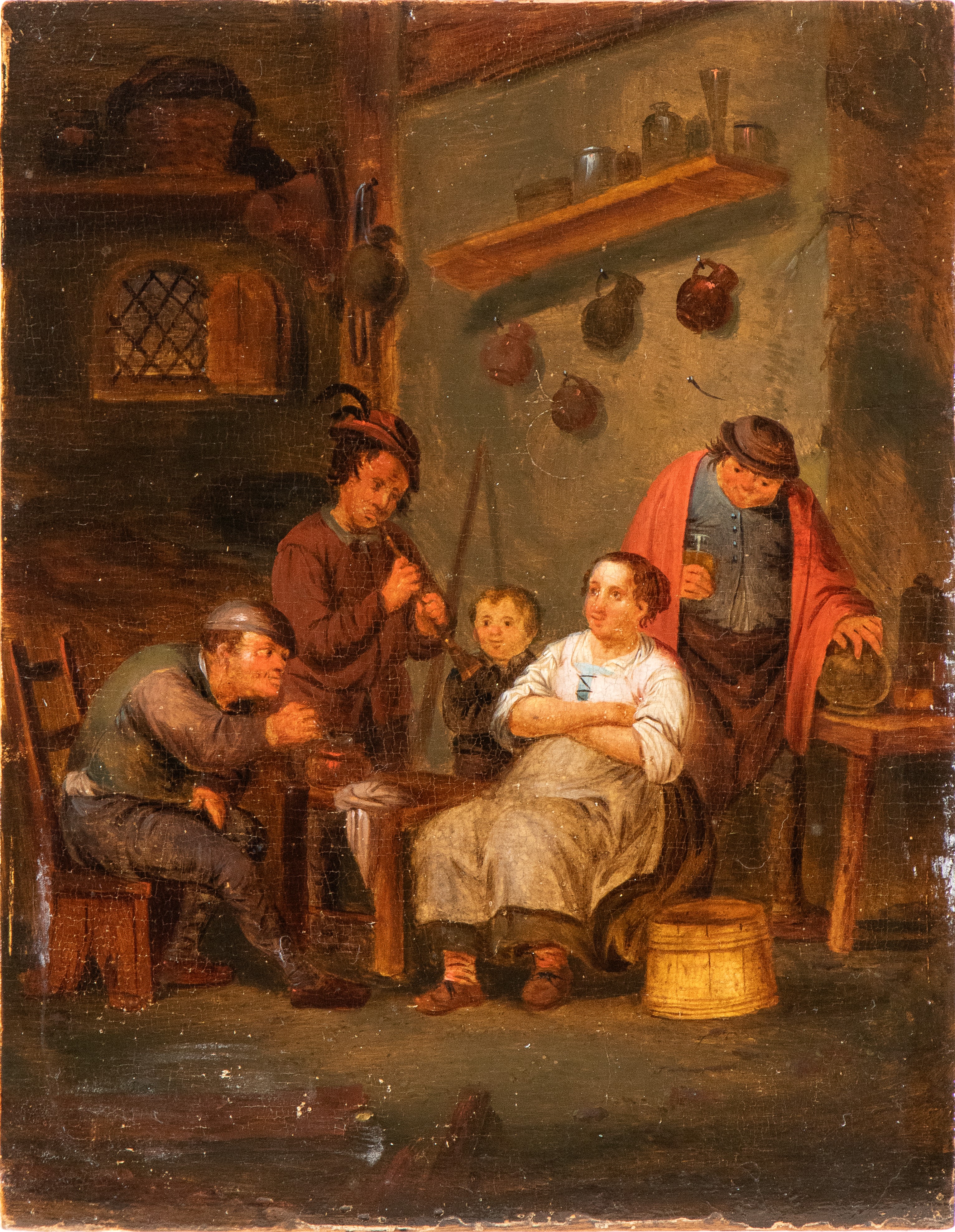 a) Interno di osteria con ostessa e avventori; b) Interno di osteria con suonatori. Coppia di dip...