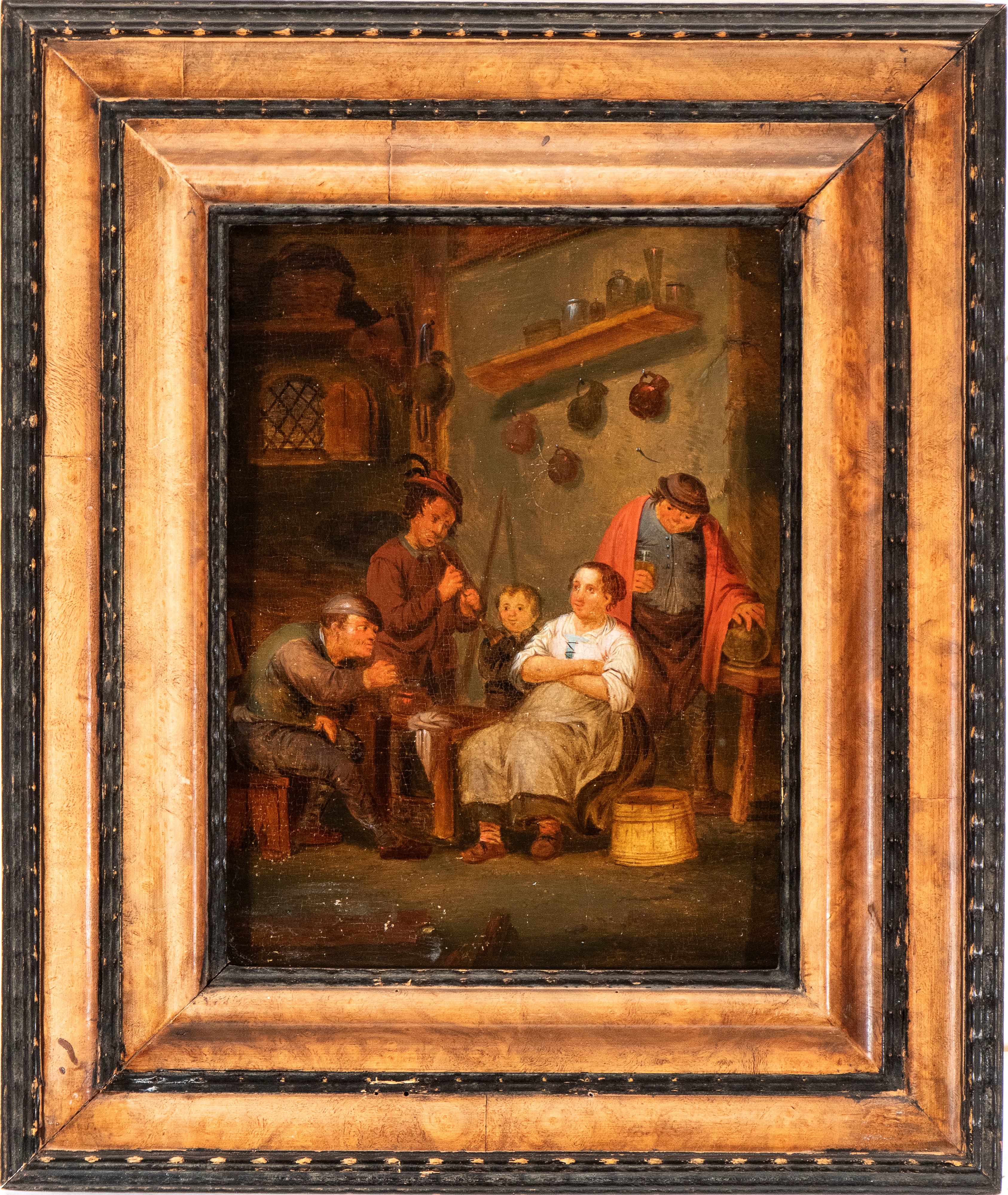 a) Interno di osteria con ostessa e avventori; b) Interno di osteria con suonatori. Coppia di dip...