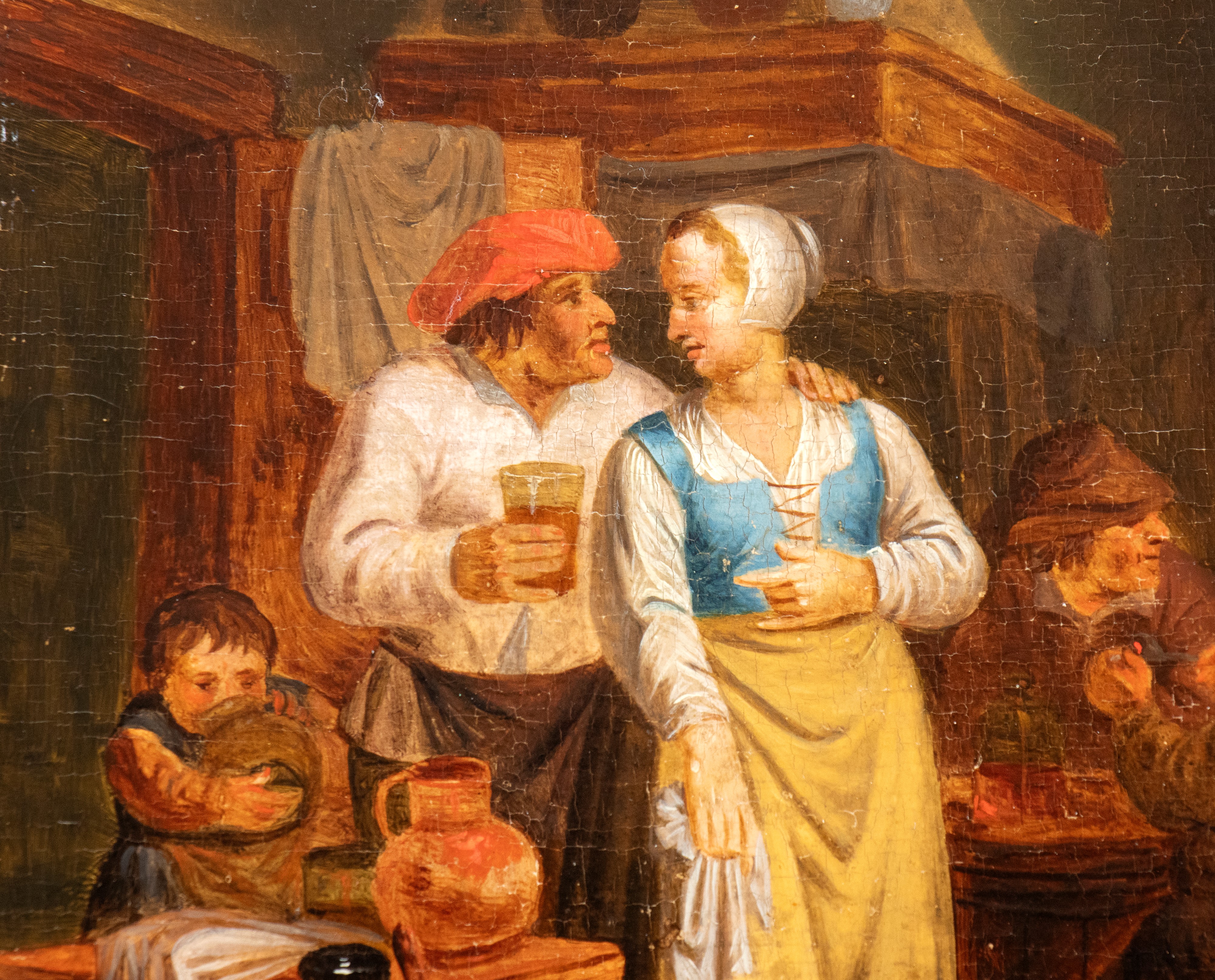a) Interno di osteria con ostessa e avventori; b) Interno di osteria con suonatori. Coppia di dip...