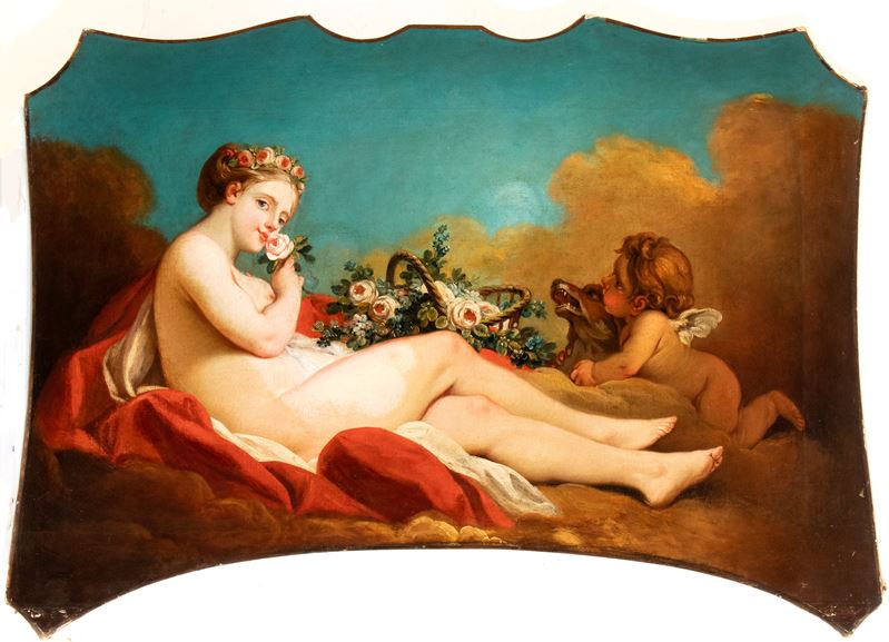 Artista Francese XVIII - XIX Secolo - Venere e Cupido, olio su tela sagomata