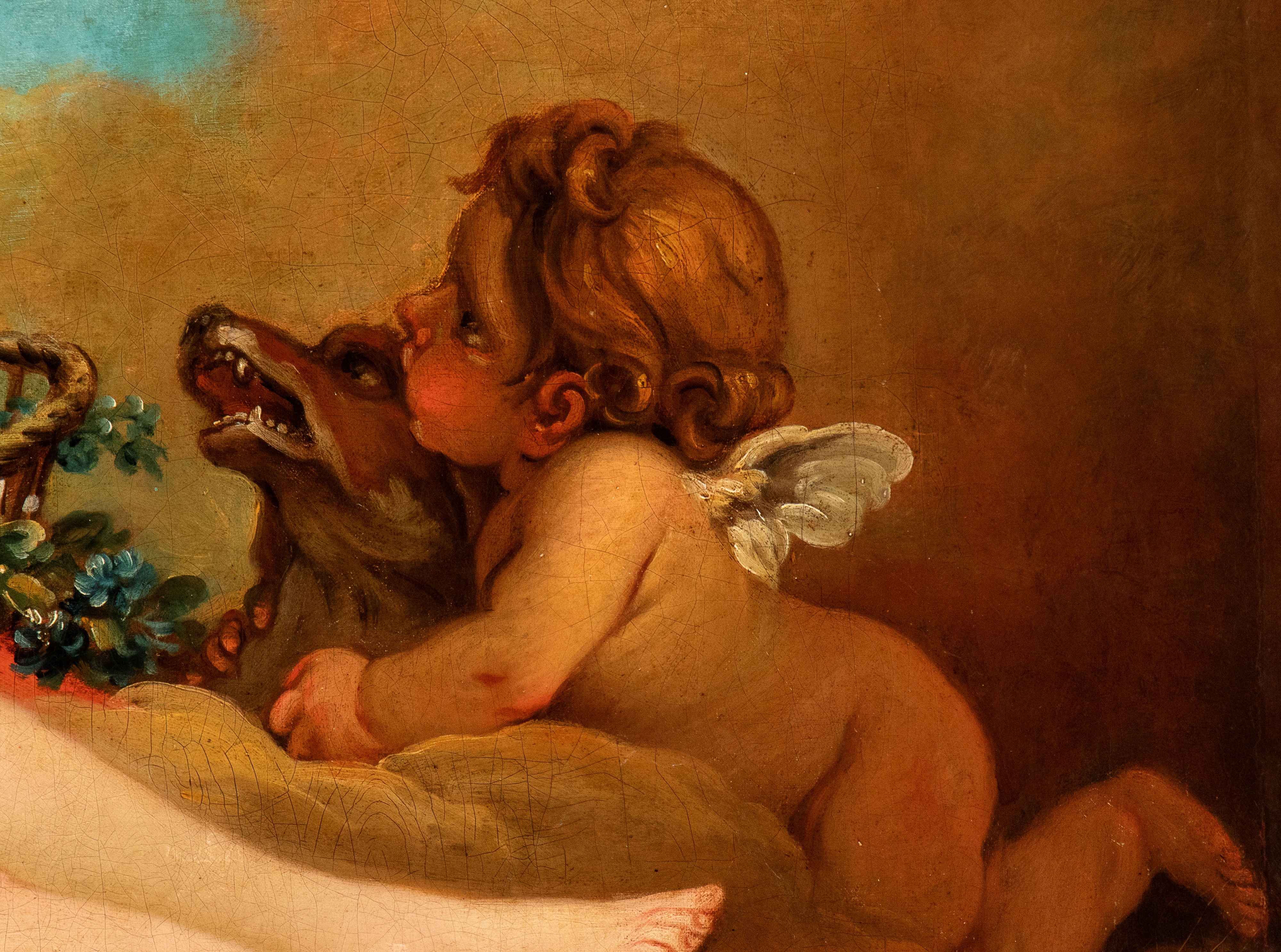 Artista Francese XVIII - XIX Secolo - Venere e Cupido, olio su tela sagomata