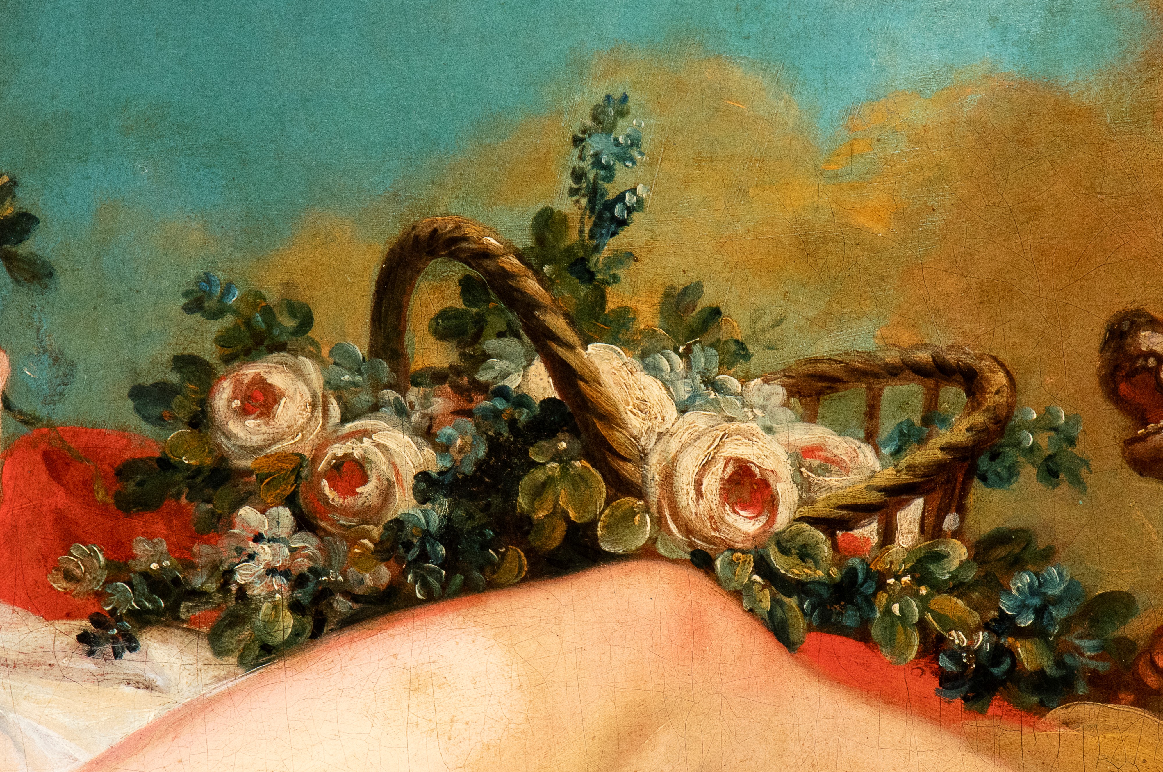 Artista Francese XVIII - XIX Secolo - Venere e Cupido, olio su tela sagomata