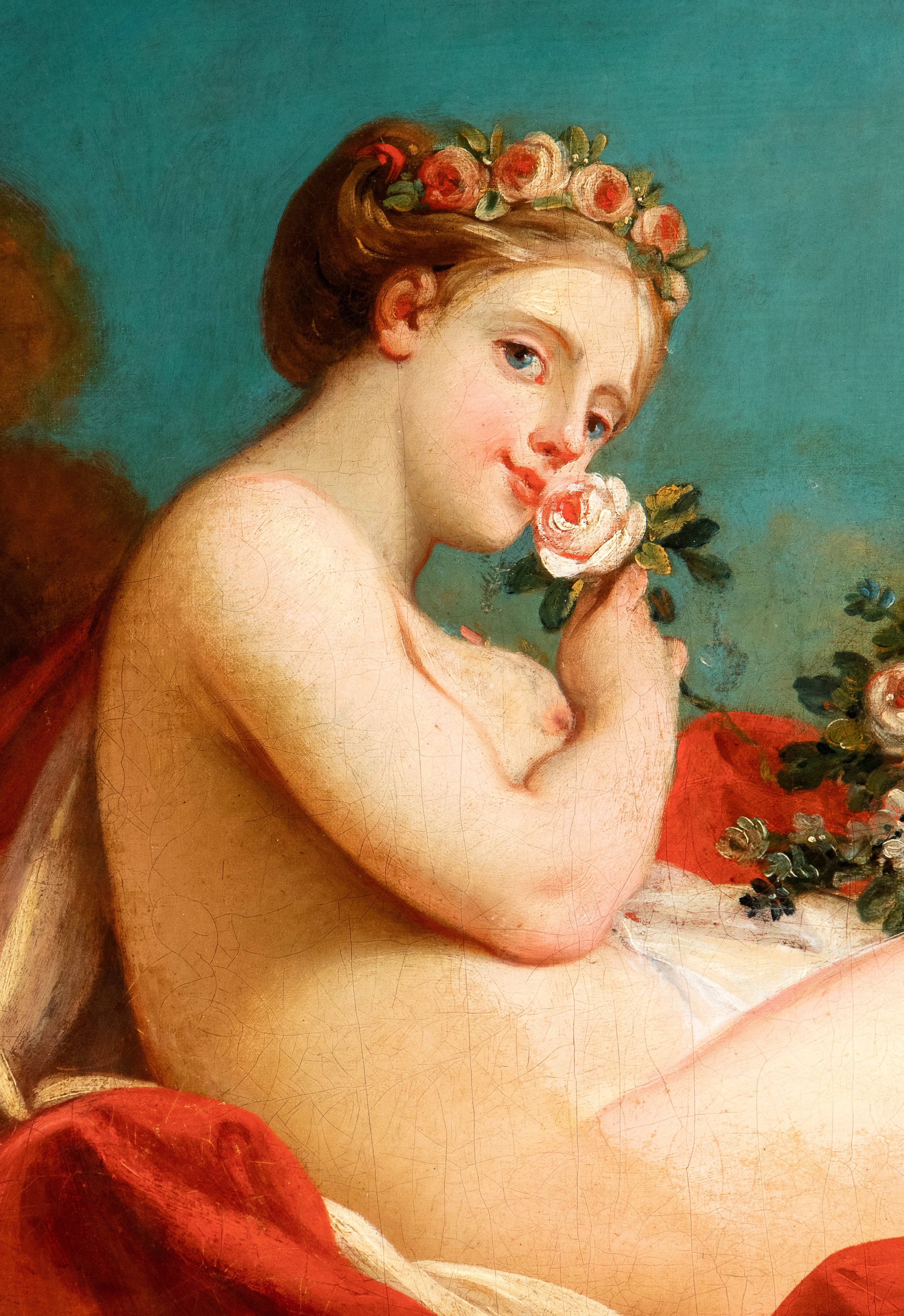Artista Francese XVIII - XIX Secolo - Venere e Cupido, olio su tela sagomata