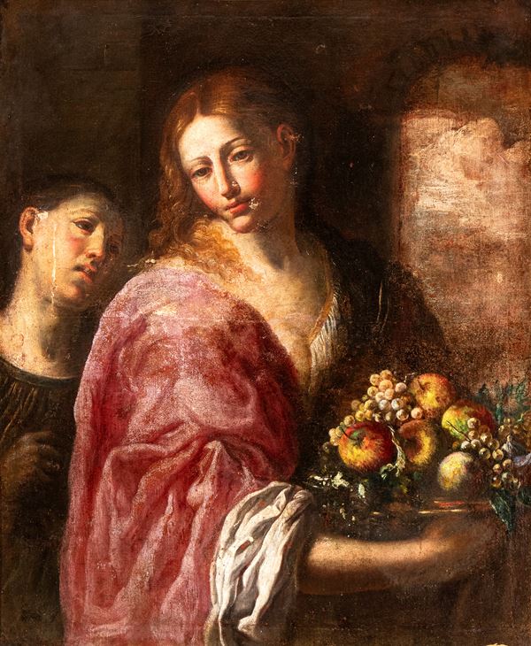 Figura femminile con cesto di frutta e paggio al seguito