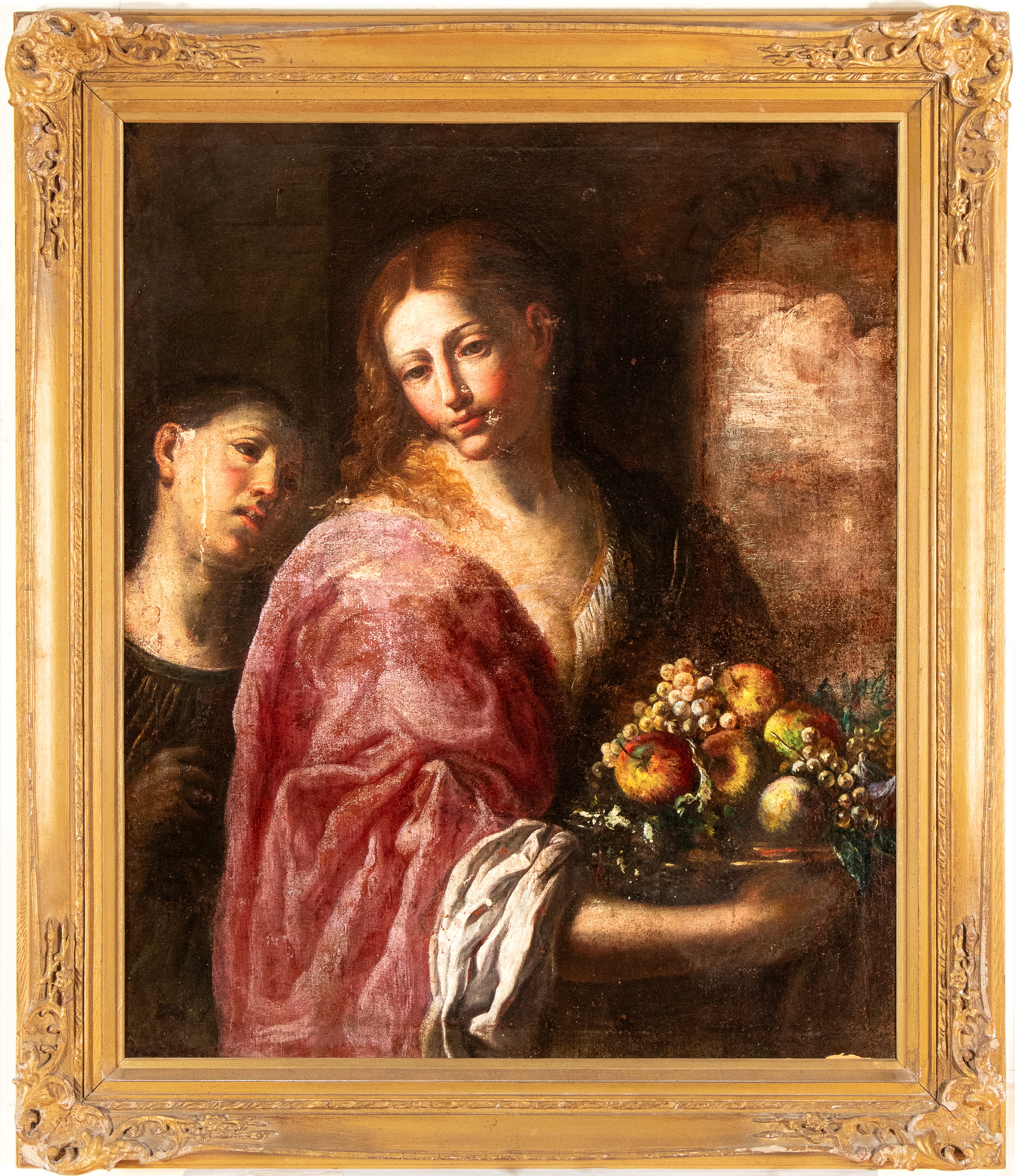 Figura femminile con cesto di frutta e paggio al seguito