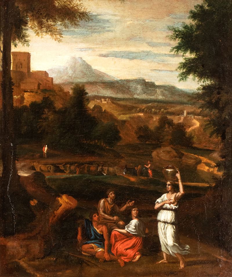 Nicolas Poussin - Paesaggio con figure, corso d’acqua e castello sullo sfondo
