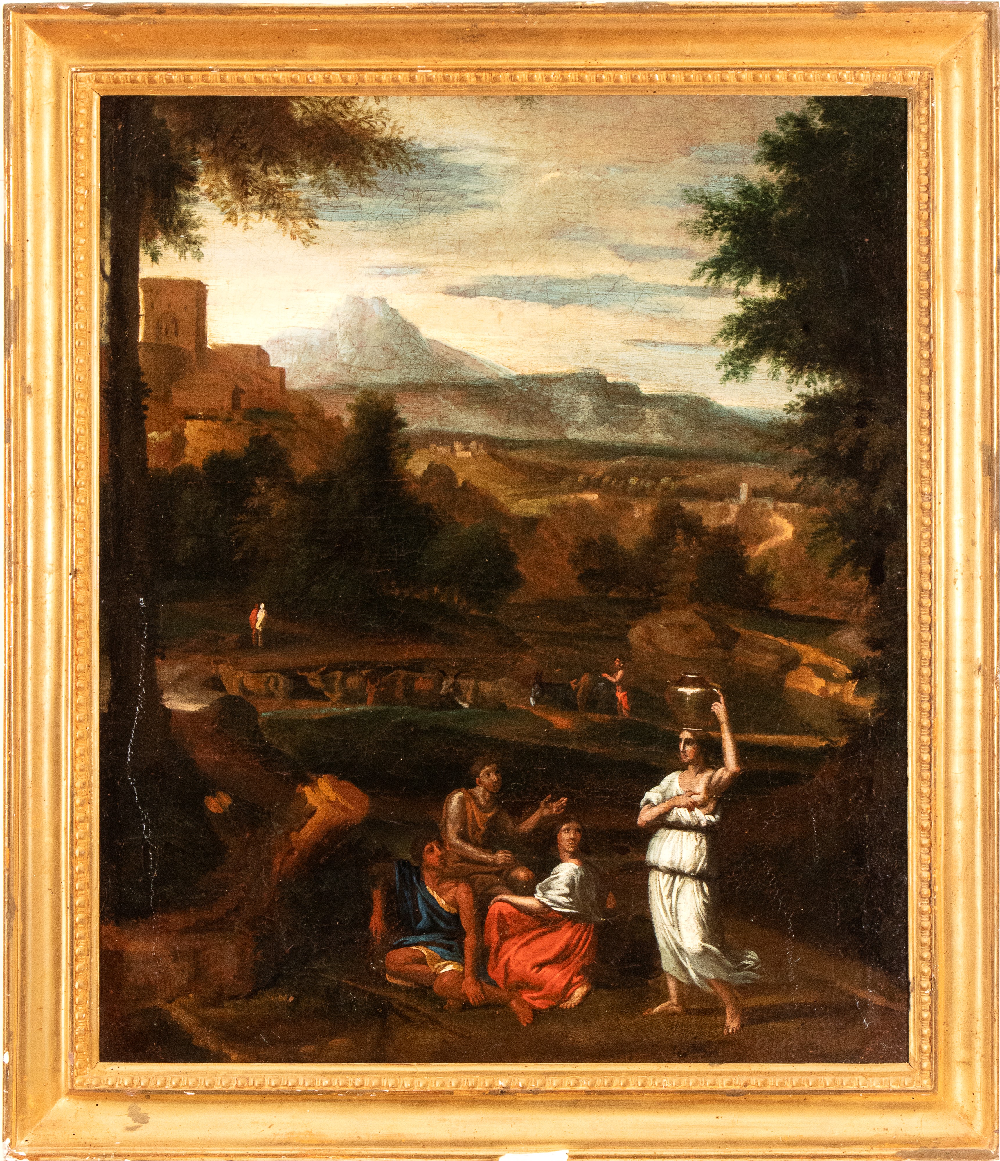 Nicolas Poussin - Paesaggio con figure, corso d’acqua e castello sullo sfondo