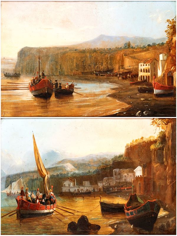a) Coastal view with boats and a fishing village; b) Coastal view with cliffs and a landing place. A pair of paintings