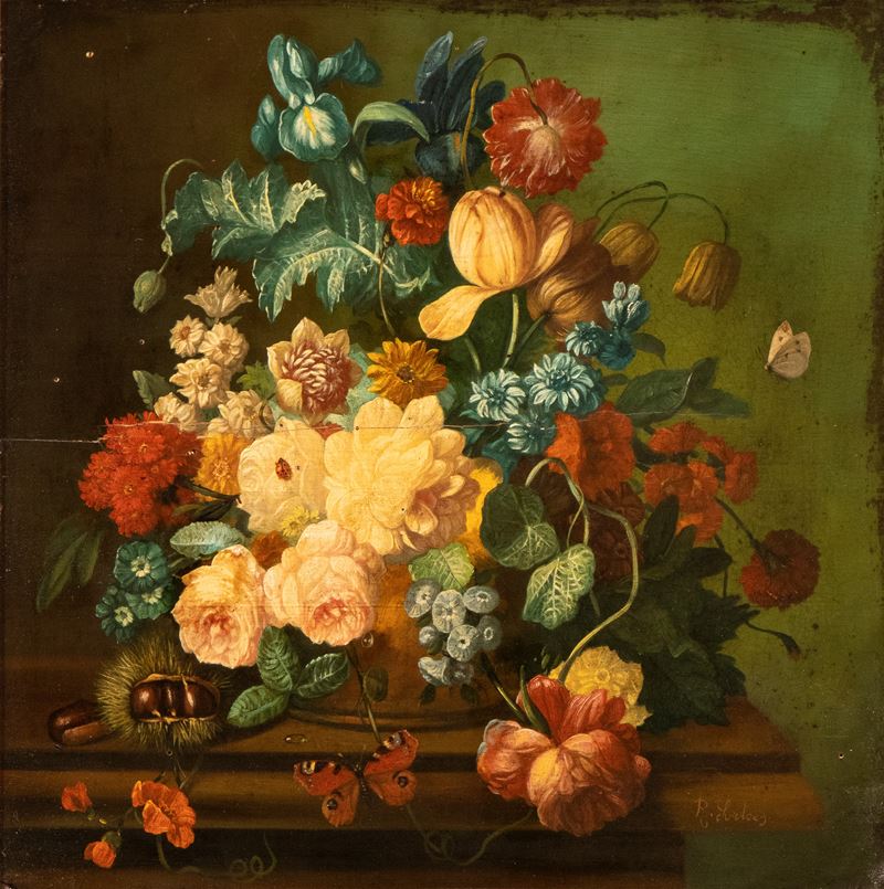 Artista Fiammingo, XVIII Secolo - Natura morta di fiori in un vaso, olio su tavola