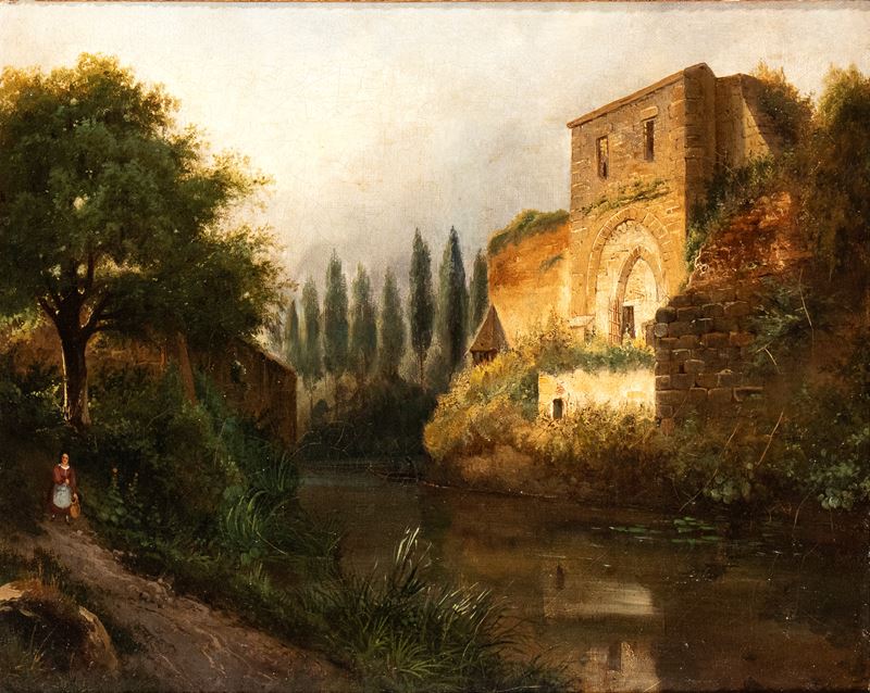 Artista Anonimo, XIX Secolo - Paesaggio con corso d'acqua, rudere e figure, olio su tela