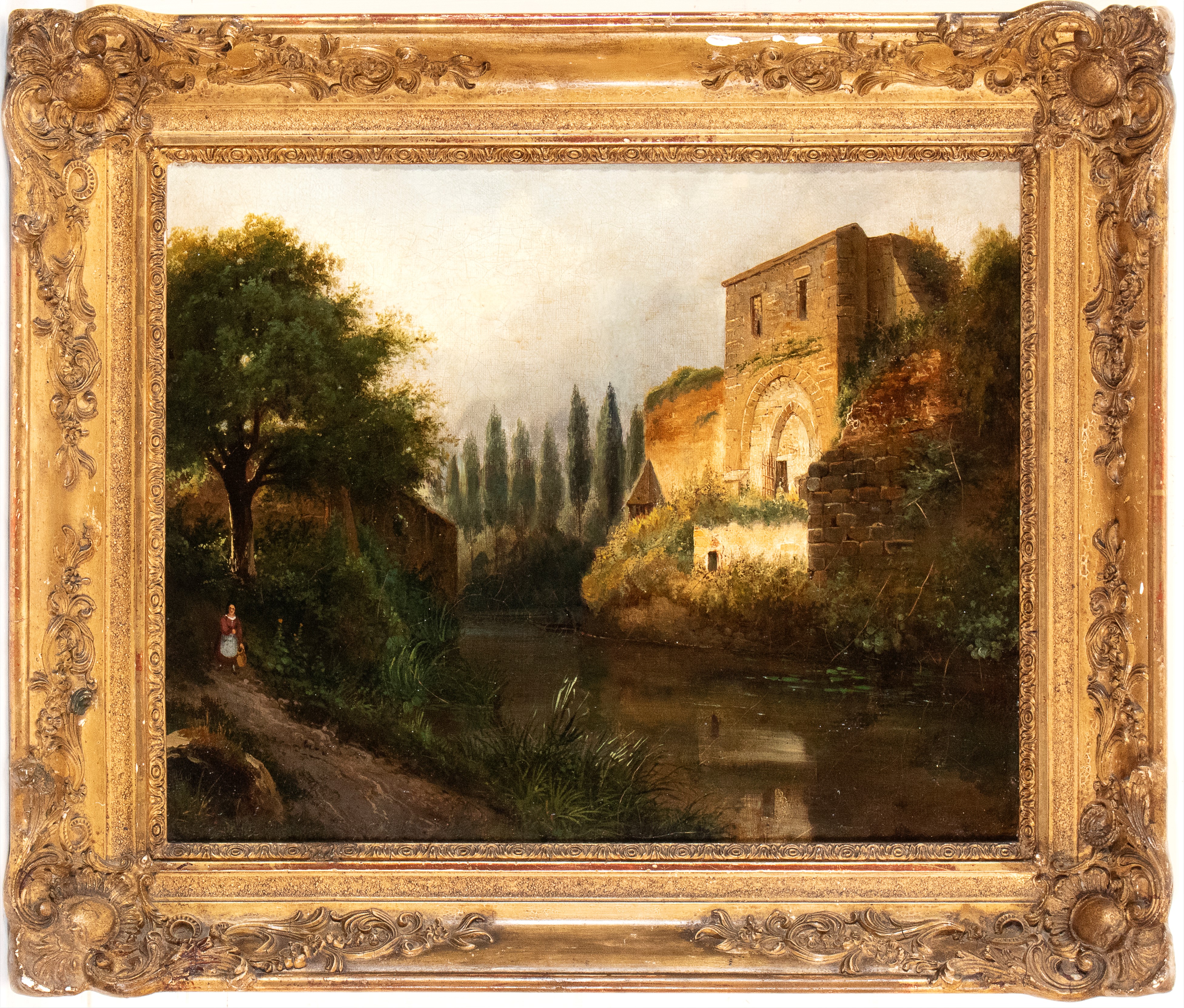 Artista Anonimo, XIX Secolo - Paesaggio con corso d'acqua, rudere e figure, olio su tela