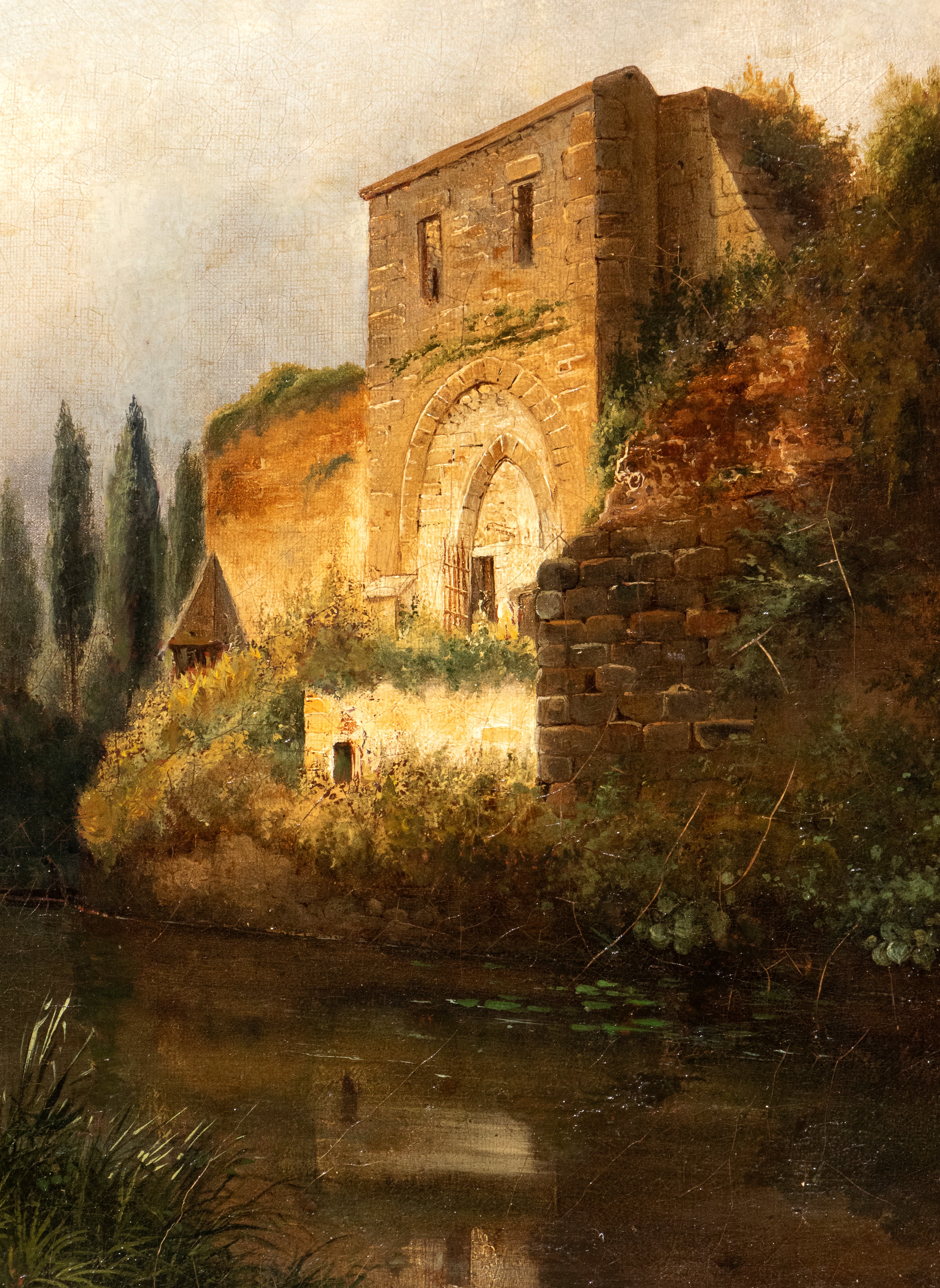 Artista Anonimo, XIX Secolo - Paesaggio con corso d'acqua, rudere e figure, olio su tela