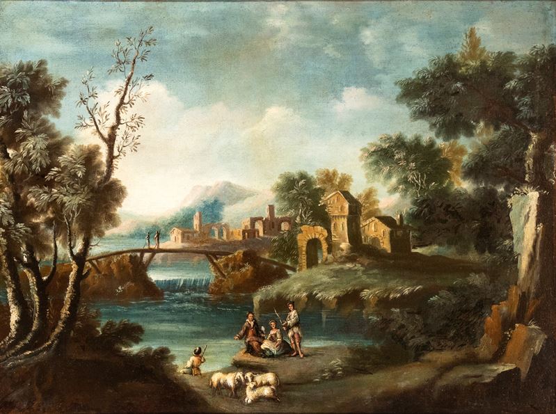 Artista Attivo in Veneto - Paesaggio con corso d’acqua, cascatella, pastori, ponte e villaggio su...