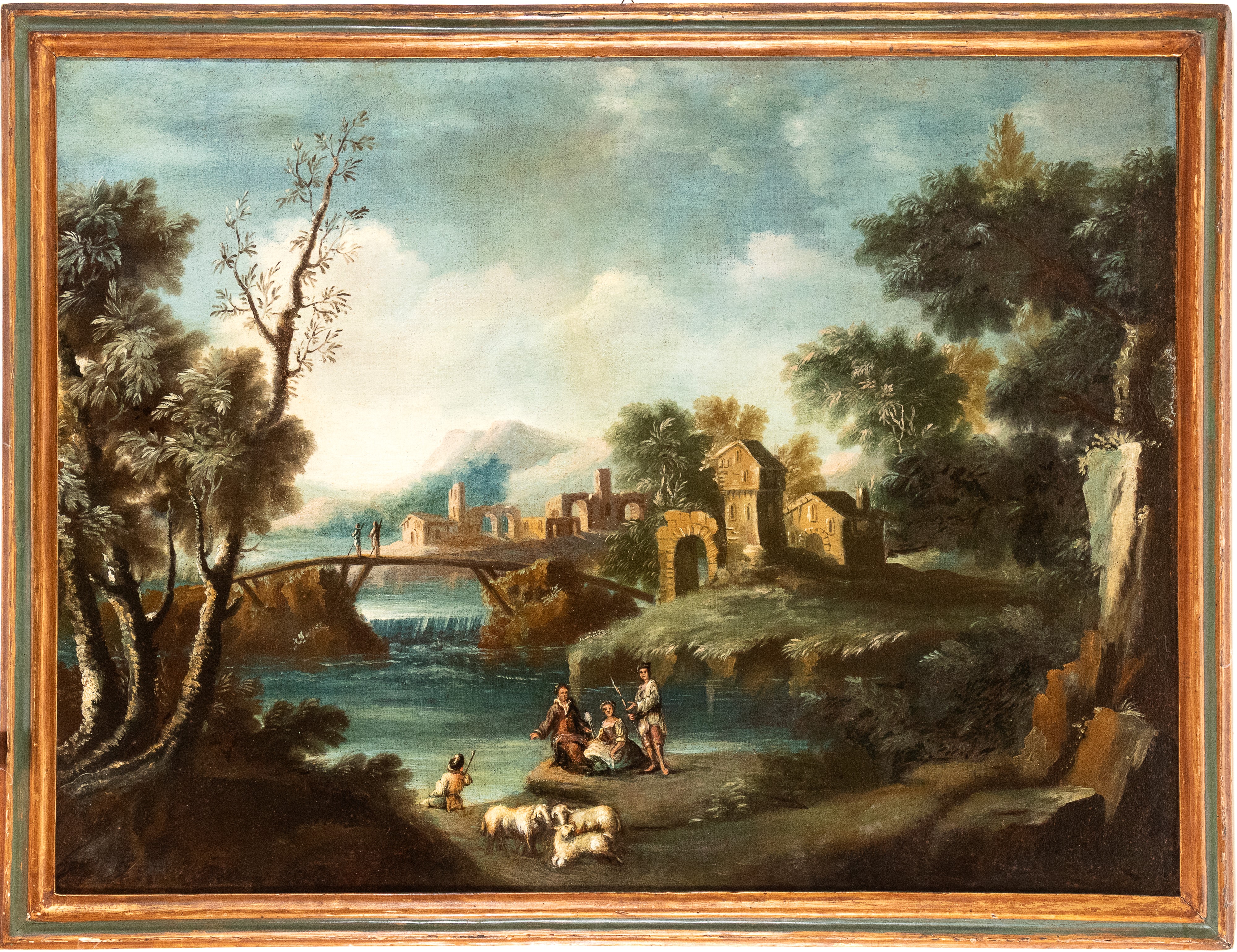 Artista Attivo in Veneto - Paesaggio con corso d’acqua, cascatella, pastori, ponte e villaggio su...