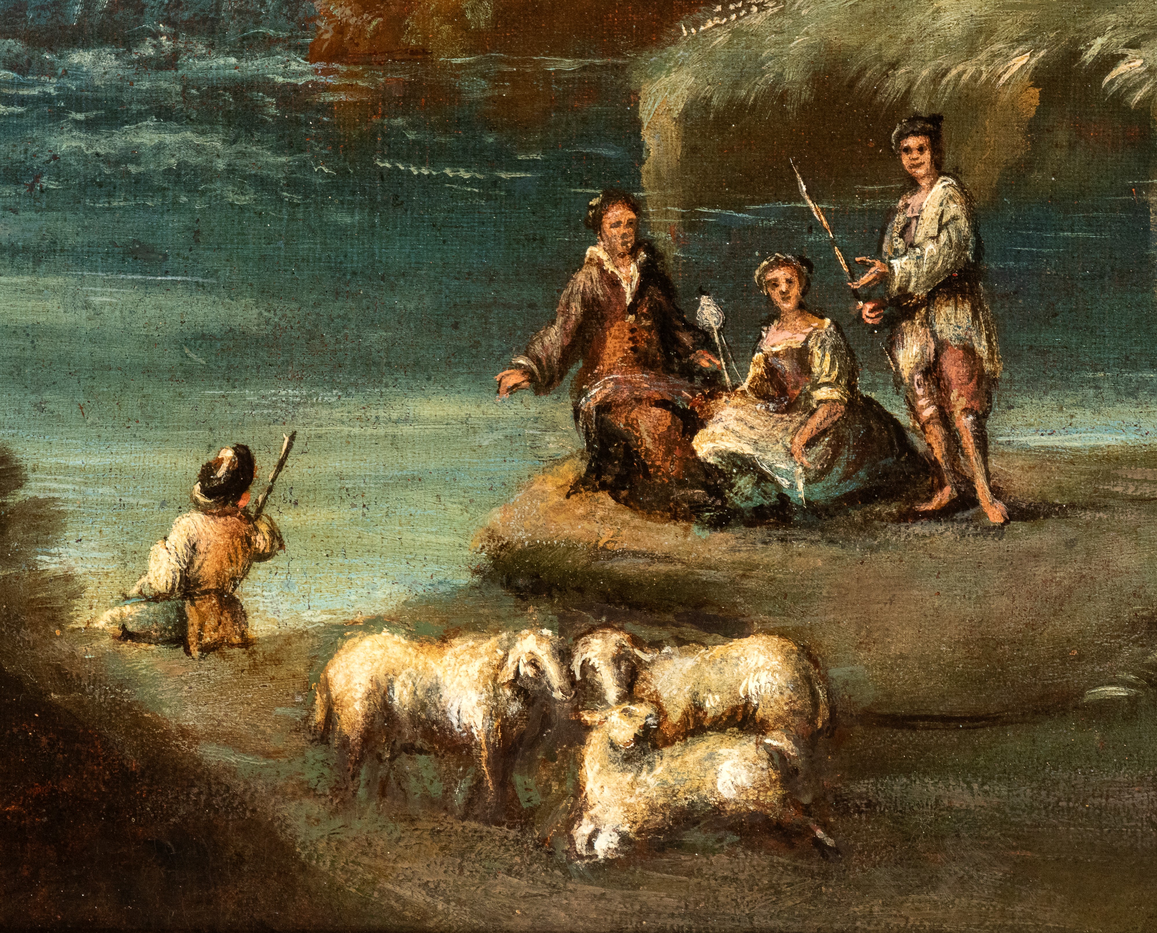Artista Attivo in Veneto - Paesaggio con corso d’acqua, cascatella, pastori, ponte e villaggio su...