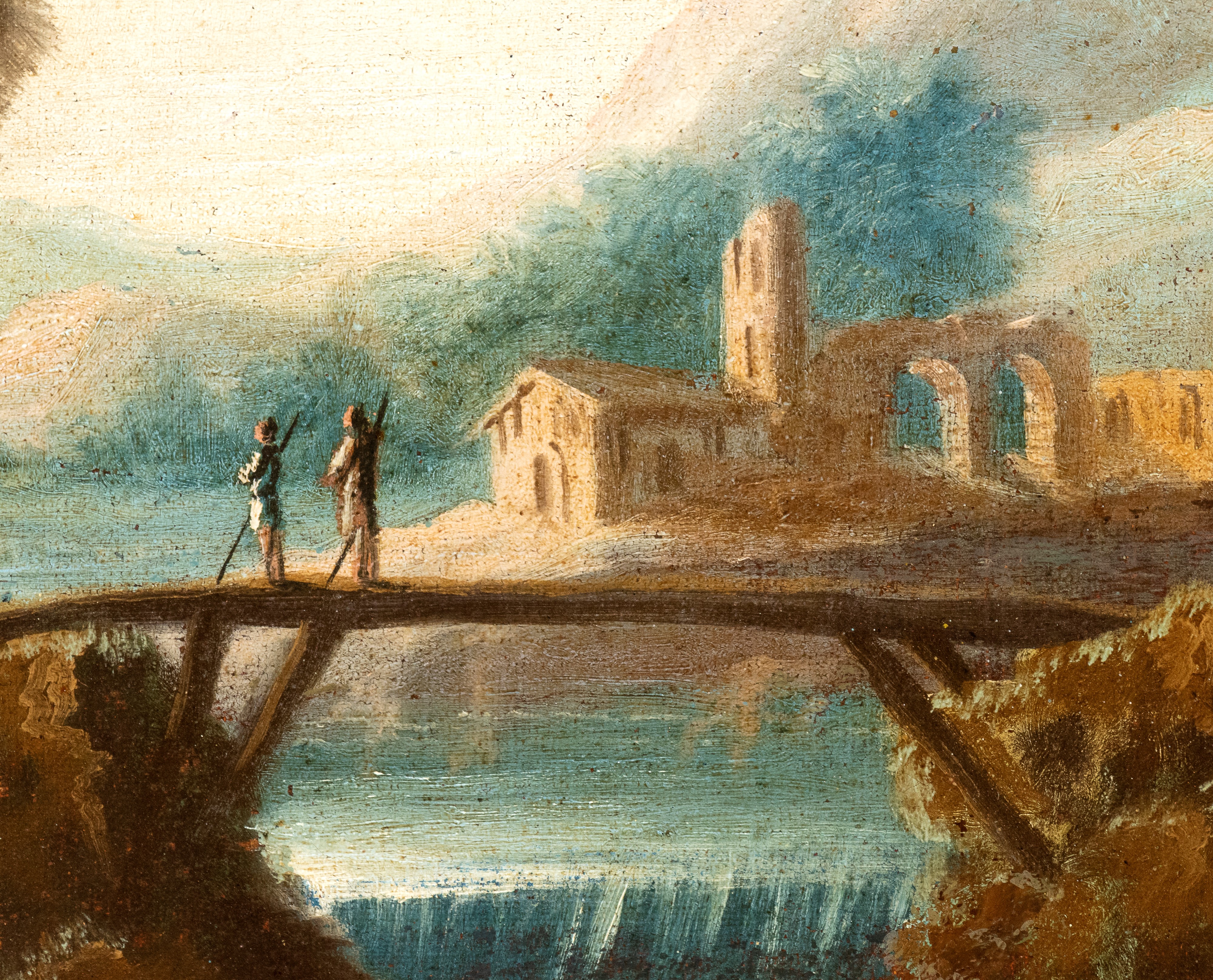 Artista Attivo in Veneto - Paesaggio con corso d’acqua, cascatella, pastori, ponte e villaggio su...