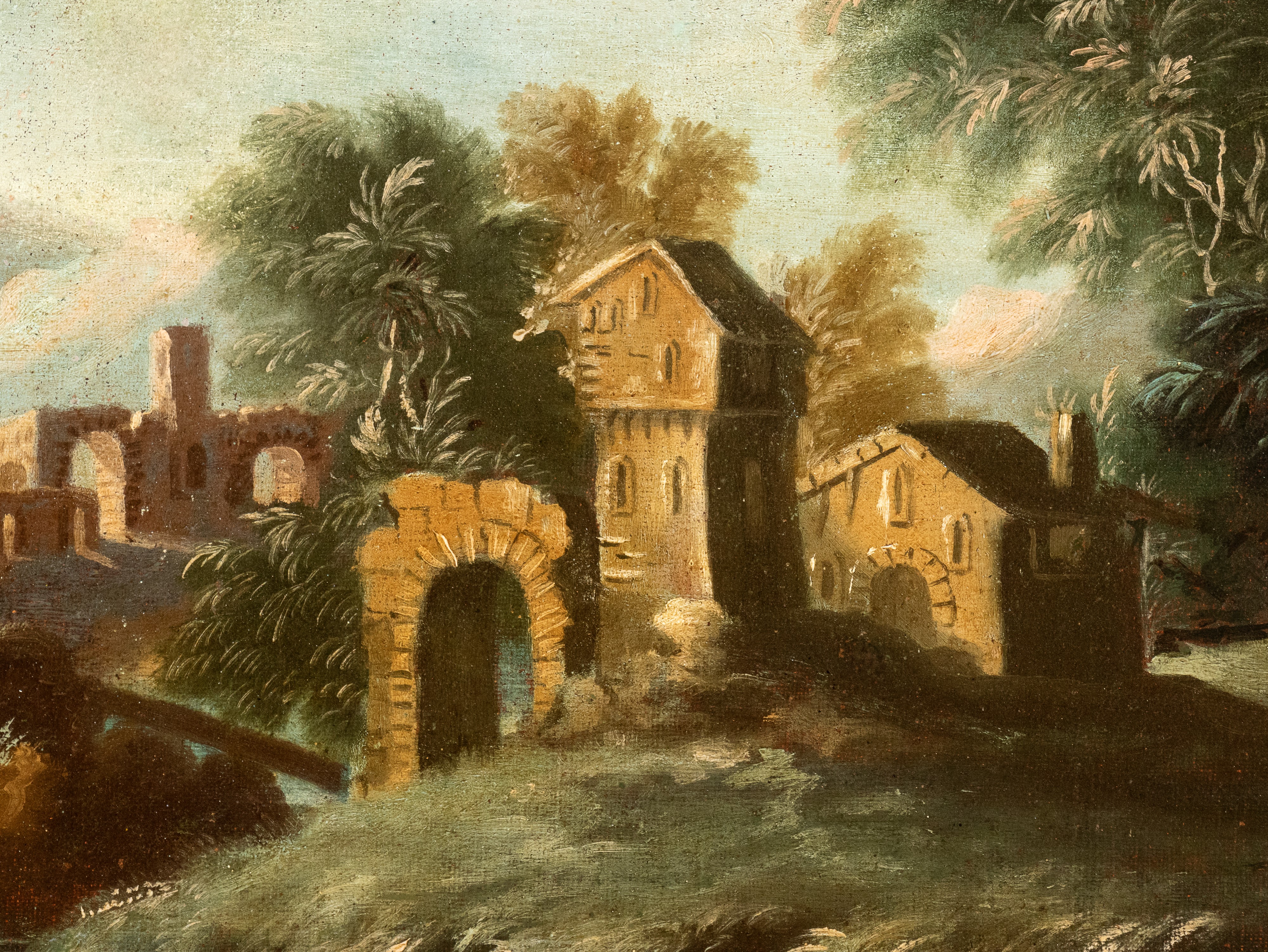 Artista Attivo in Veneto - Paesaggio con corso d’acqua, cascatella, pastori, ponte e villaggio su...