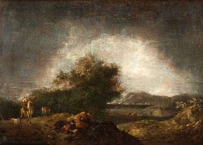 Paesaggio con specchio d’acqua e figure, olio su tela