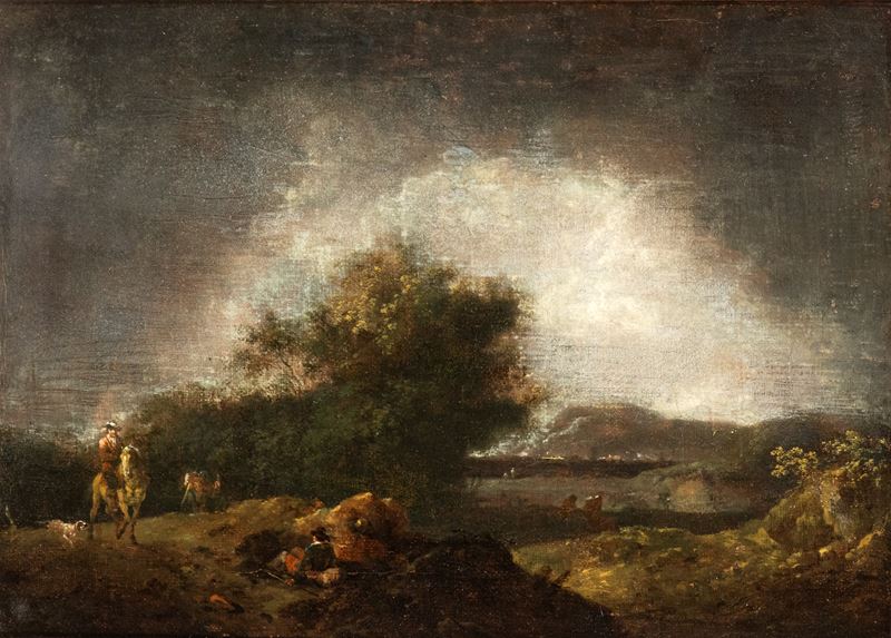 Artista Olandese, XIX Secolo - Paesaggio con specchio d’acqua e figure, olio su tela