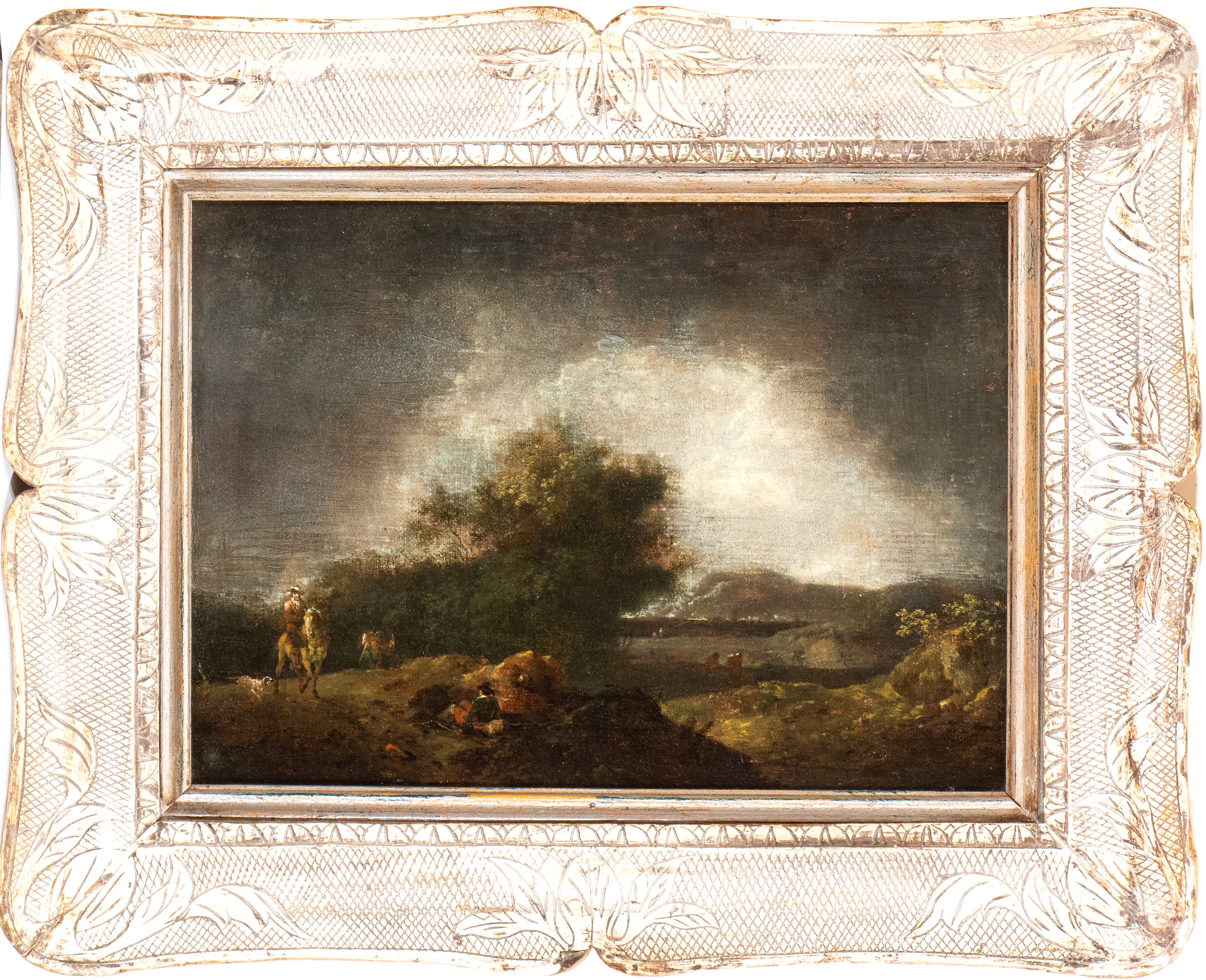 Artista Olandese, XIX Secolo - Paesaggio con specchio d’acqua e figure, olio su tela