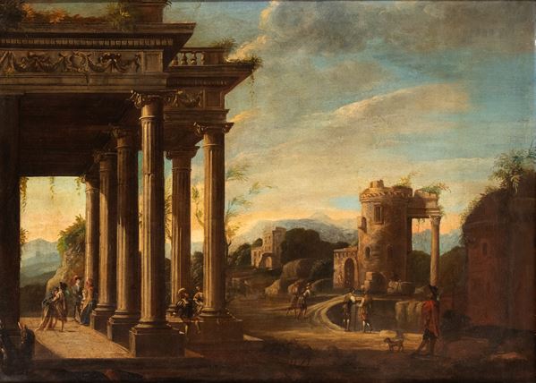 Artista attivo a Roma, seconda metà XVII secolo - capriccio with portico, ruins, and figures