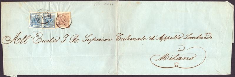 Raybaudi (attrib.), L. Veneto, Busta da Mantova per Milano affrancata in tariffa di 4 porti (1850...