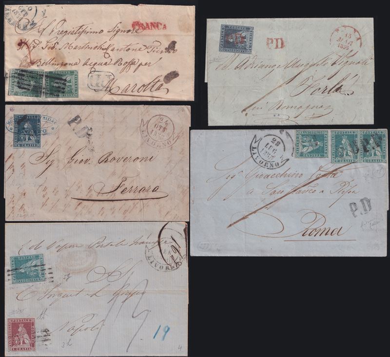 Collezione, Toscana, 5 buste affrancate con francobolli del Ducato (storia postale)