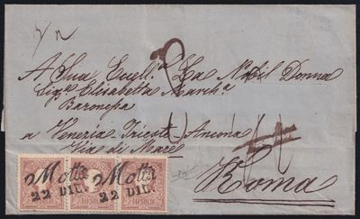 L. Veneto (22.12.1859), Storia Postale: busta per Roma con affrancatura a striscia di tre da 10 s...