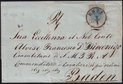 Veneto, Storia postale: lettera affrancata con 45 centesimi (Baden)