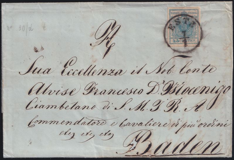 Veneto, Storia postale: lettera affrancata con 45 centesimi (Baden)