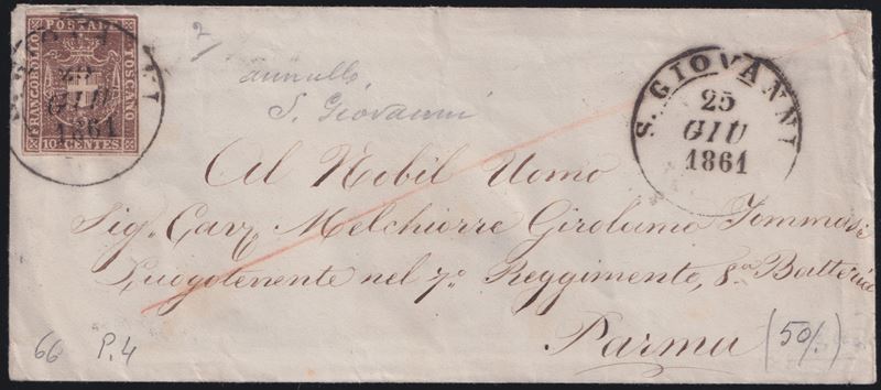 Governo Provvisorio, Lettera 25.06.1861 da S. Giovanni per Parma con tariffa ridotta per militari