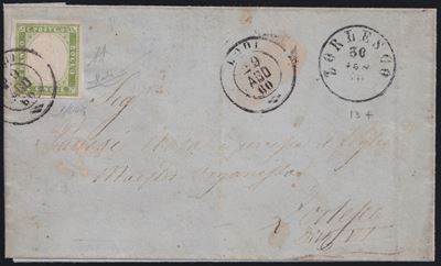 Francobollo postale, 5 cent. verde giallo brillante isolato n. 13B (uso postale a Zorlesco)