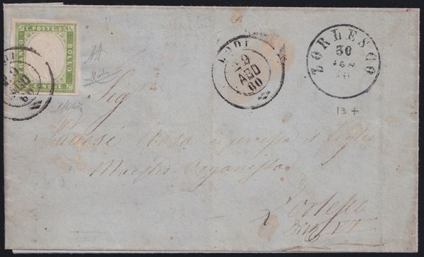 Sardegna - Storia Postale, 5 cent. verde giallo brillante isolato per ZORLESCO