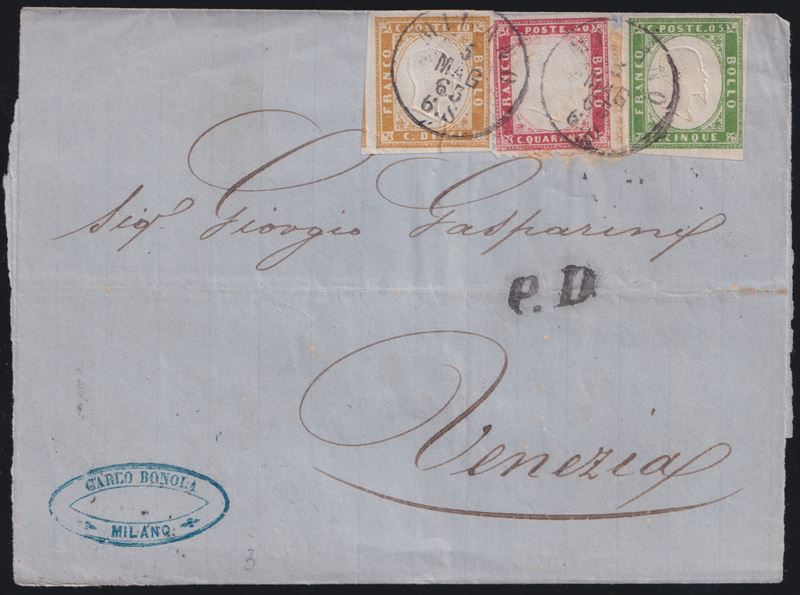 Affrancatura postale, Sardegna IV emissione 5 cent. + 10 cent. e Italia 40 cent., busta Milano-Ve...
