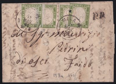 Frode postale, 18.05.1861 - Lettera Milano per Faido con affrancatura da 5 cent. (4 esemplari par...