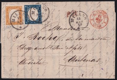 Sardegna, doppio porto per la Francia—lettera postale affrancata 1 lira (Milano, 12/05/1860)