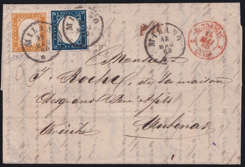 Sardegna, doppio porto per la Francia—lettera postale affrancata 1 lira (Milano, 12/05/1860)