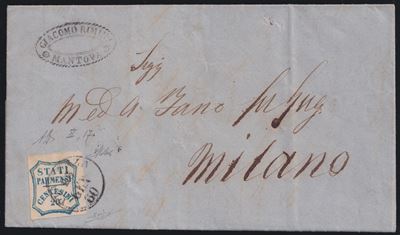 Parma (1860), affrancatura con 20 cent. azzurro su lettera per Milano