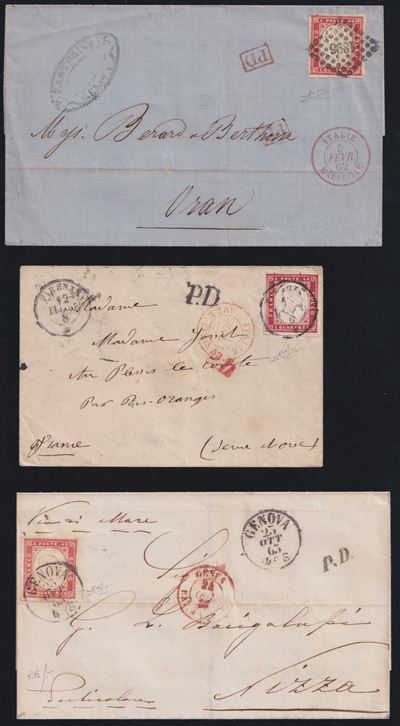 Sardegna, Storia postale: 3 lettere affrancate per la Francia (1862)